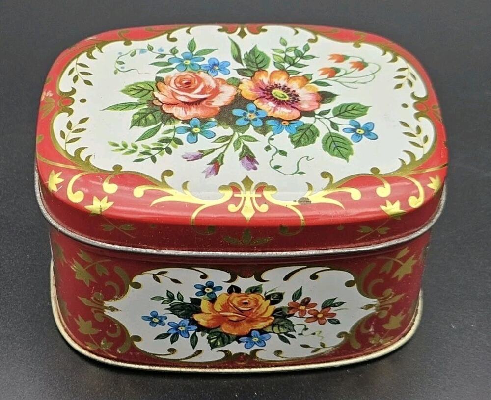 Vintage Rembrandt Red Gold Floral Tin Container Made in England